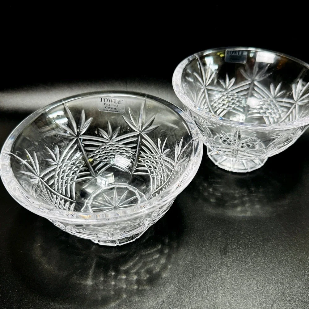 Towle Full Lead Crystal Austria Footed Dessert Bowls Set of 2 Star Fan Pattern